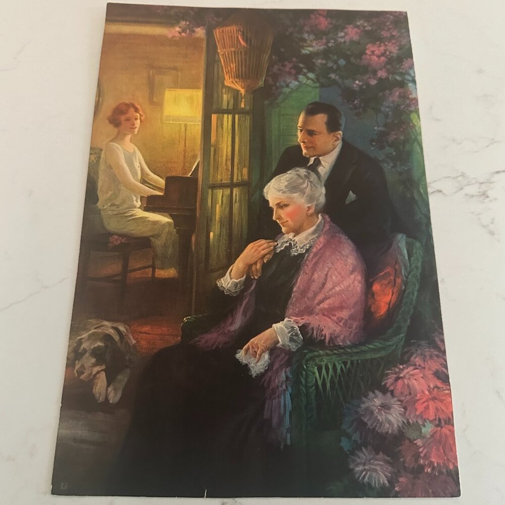 Vintage Calendar Art Print of Elderly Woman with Young Man and Woman